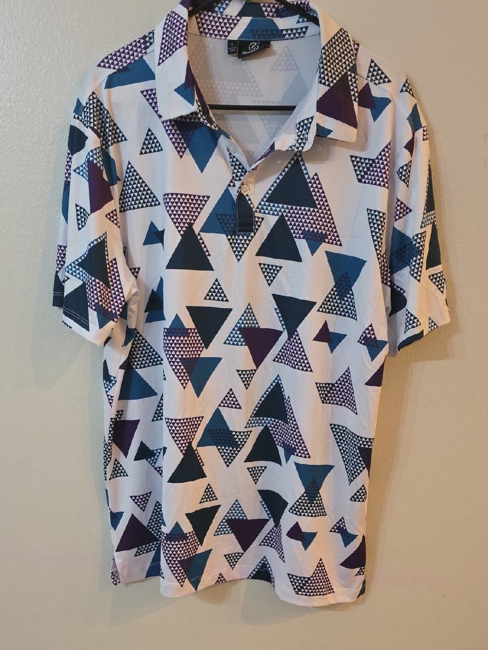 Geometric Triangle Print Polo Shirt - White with Blue & Purple